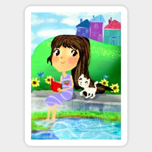 A girl with a kitty reading a book by the river Sticker